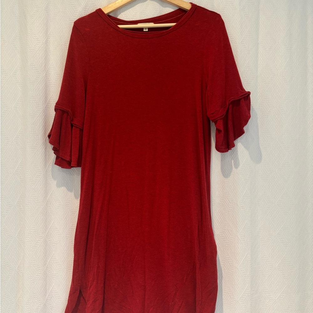 Max Studio Red Tunic dress with Ruffle Sleeves